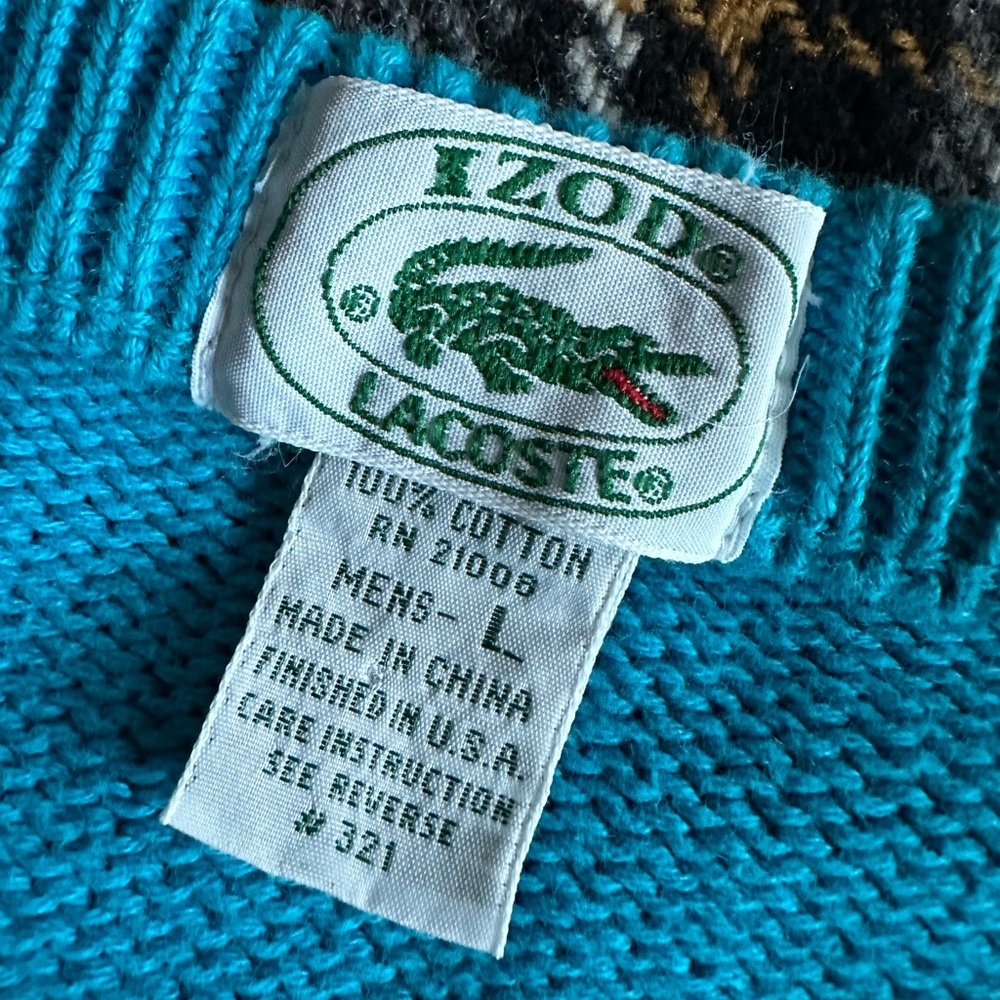 LACOSTE 🐊 Men’s Vintage Blue & Black Geometric All Cotton LS Sweater - Size LG - Picture 2 of 12